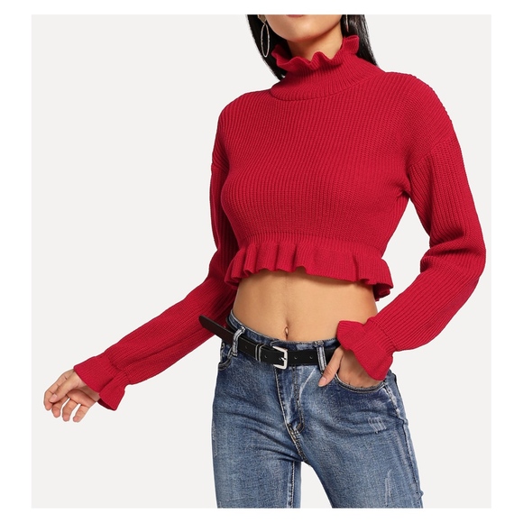 MBM Unlimited Sweaters - Red Long Sleeve Ruffle Hem Crop Sweater